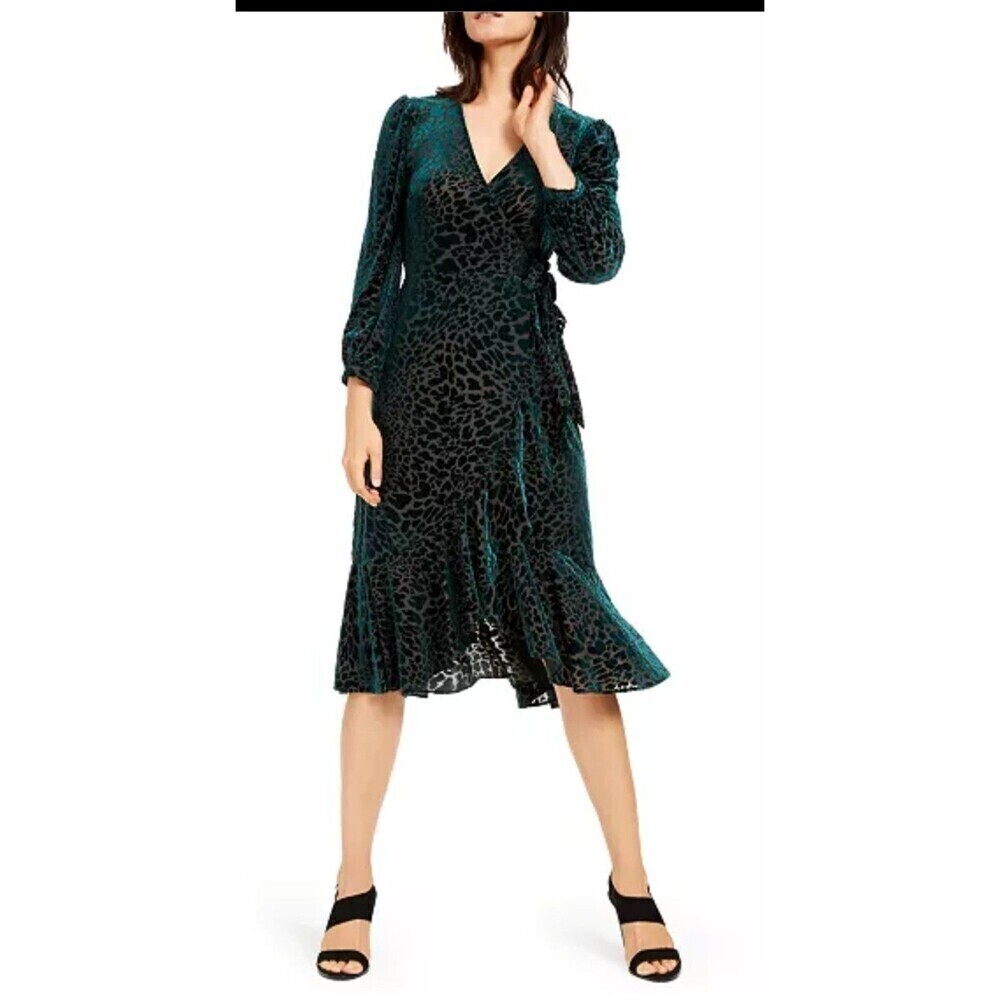 Calvin Klein Women’s Animal-Print Velvet Burnout Wrap Dress, Malachite, Size 14